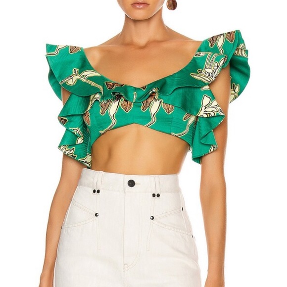 Alexis Tops - Alexis Hoshi Flutter Sleeve Crop Top in Jade Green Orchid Size M